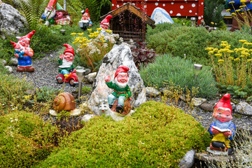 Garden gnomes in a garden of a house at Engelberg