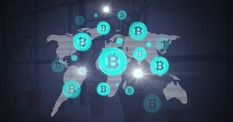 Bitcoin graphic icons on world map