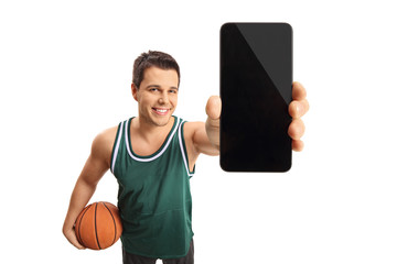 Basketball player showing a phone