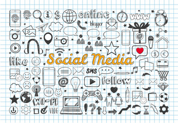 Social Media icons set. Vector hand drawn isolated objects. Doodle and sketch style .