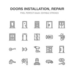 Doors installation, repair line icons. Various door types, handle, latch, lock, hinges. Interior design thin linear signs for house decor shop, handyman service. Pixel perfect 64x64.