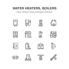 Water boiler, thermostat, electric gas solar heaters and other house heating appliances line icons. Thin linear pictogram. Equipment store signs. Pixel perfect 64x64.