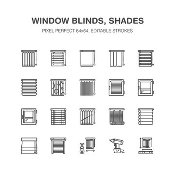 Window blinds, shades line icons. Various room darkening decoration, roller shutters, roman curtains, horizontal and vertical jalousie. Interior design signs for house decor shop. Pixel perfect 64x64.
