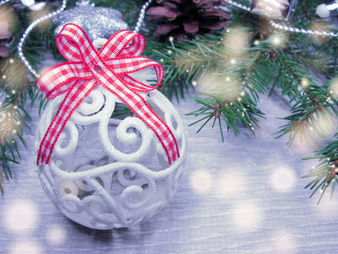 christmas decoration on fir branches background