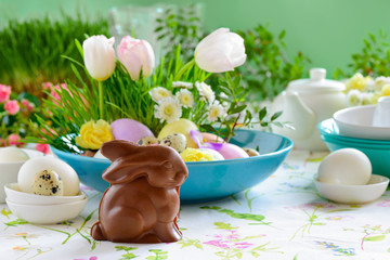 Easter table setting with chocolate bunny