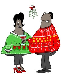 Illustration of a black couple wearing ugly Christmas sweaters standing under some mistletoe.