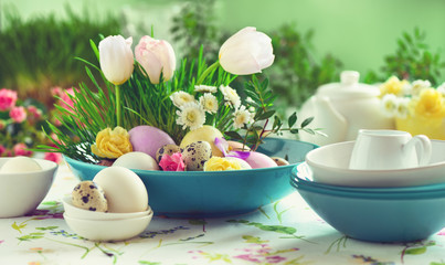 Easter table setting with chocolate bunny