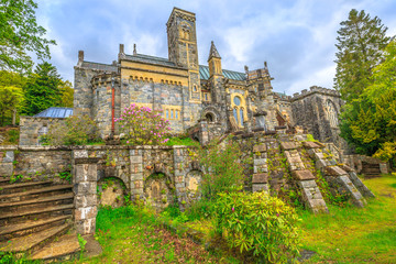 Scenic backside garden of Saint Conan's Kirk church, located in Loch Awe in Argyll town of Scotland...