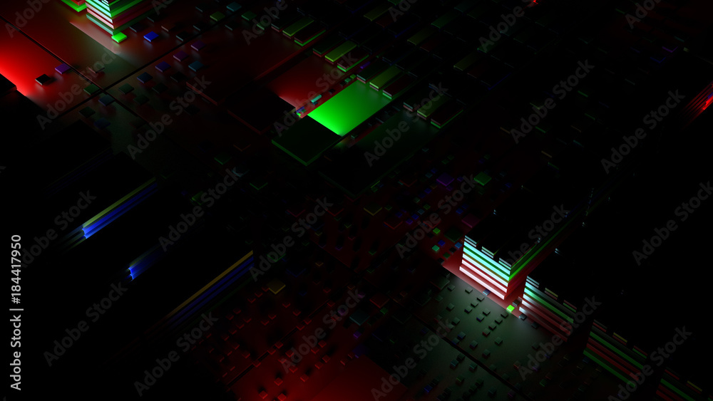 Poster 3d abstract technology background. complex block structure with random lights. tech concept render.