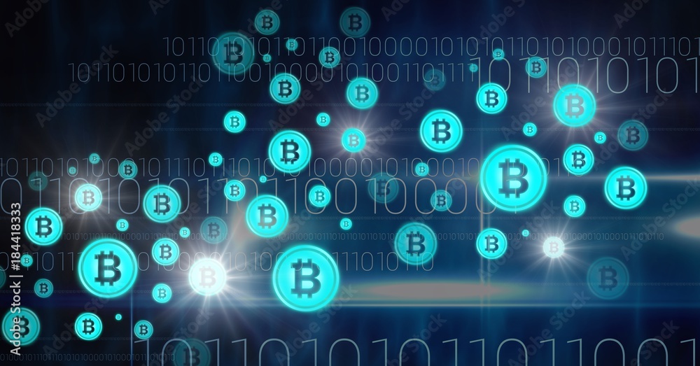 Poster bitcoin graphic icons and binary code