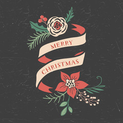 Decorative greeting ribbons and bouquets. Christmas collection. Hand drawn illustration. Design elements.