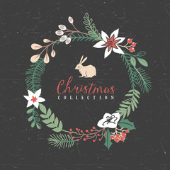 Decorative greeting wreath with rabbit. Christmas collection. Hand drawn illustration. Design elements.