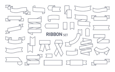 Collection of various ribbons drawn with black contour lines. Bundle of decorative tapes, bands or strips folded in different way and isolated on white background. Monochrome vector illustration.