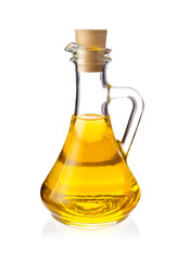 Decanter with farm organic vegetable oil, isolated on white