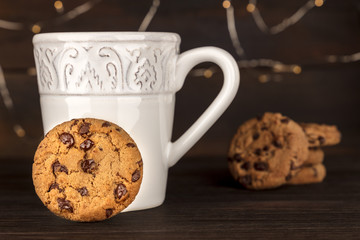 Chocolate chips cookies, hot chocolate, and place for text