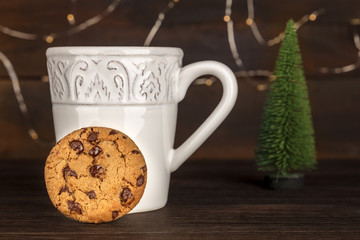Chocolate chips cookie, Christmas tree, and copy space