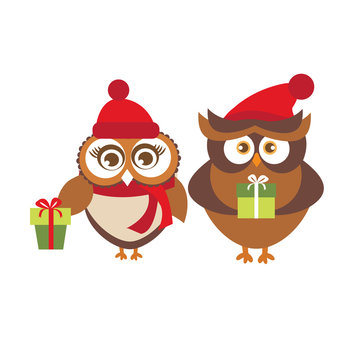 Template of Christmas card with couple of owls