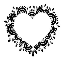 Decorative love frame composition with hearts, flowers, ornate elements in doodle style. Floral, ornate, decorative, tribal design elements. Black and white background. Zentangle coloring book page