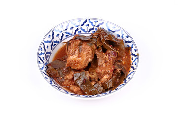 Curry pork with Chamuang (Garcinia cowa) leaves,Local Thai food call as Gang moo cha muang.