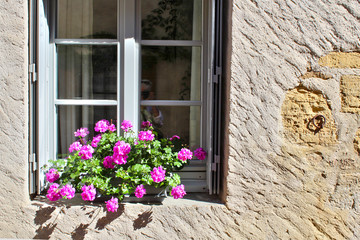 Fototapeta na wymiar White French windows, set in old stone wall with Pink geraniums in pots, with space for typography