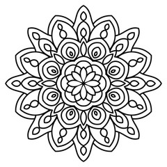 Ornamental round doodle flower isolated on white background. Black outline mandala. Geometric circle element. Vector illustration.