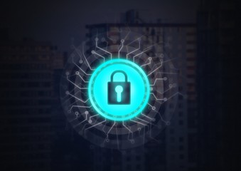 Security lock icon in city