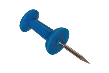 Blue pushpin on a white background