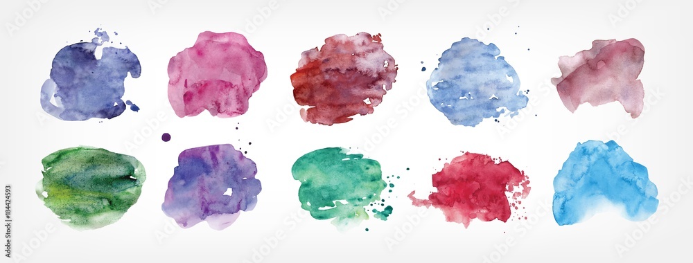 Poster collection of stains hand painted with watercolor isolated on white background. bundle of paint blot