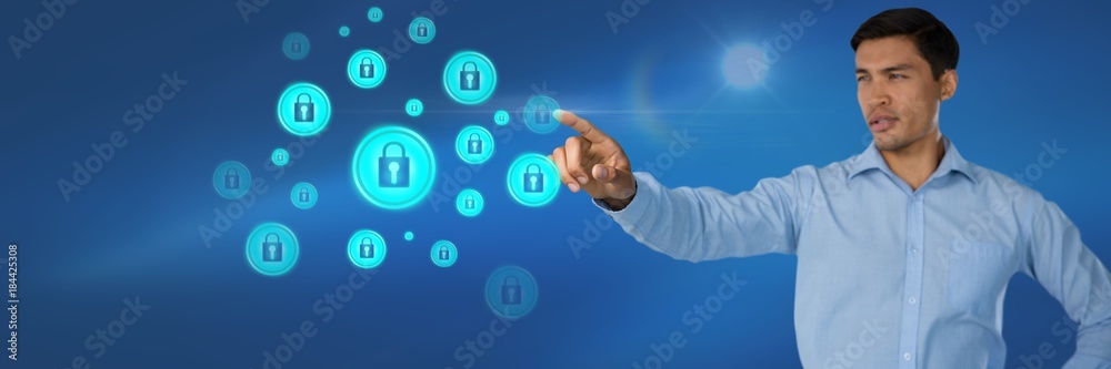 Poster Businessman pointing touching security lock icons