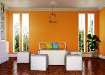 Orangefarbenes Wohnzimmer mit 2 Fenstern