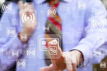 Social network wifi interface businessman presses button credit card percent icon Wi Fi.