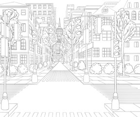 City street with buildings, traffic light, crosswalk and traffic sign. Сityscape background in sketch style. Vector illustration