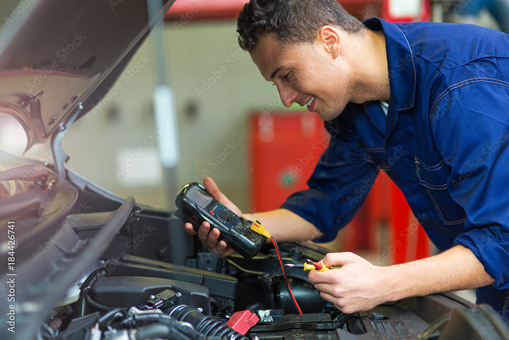 Wall mural Auto mechanic checking car battery voltage
