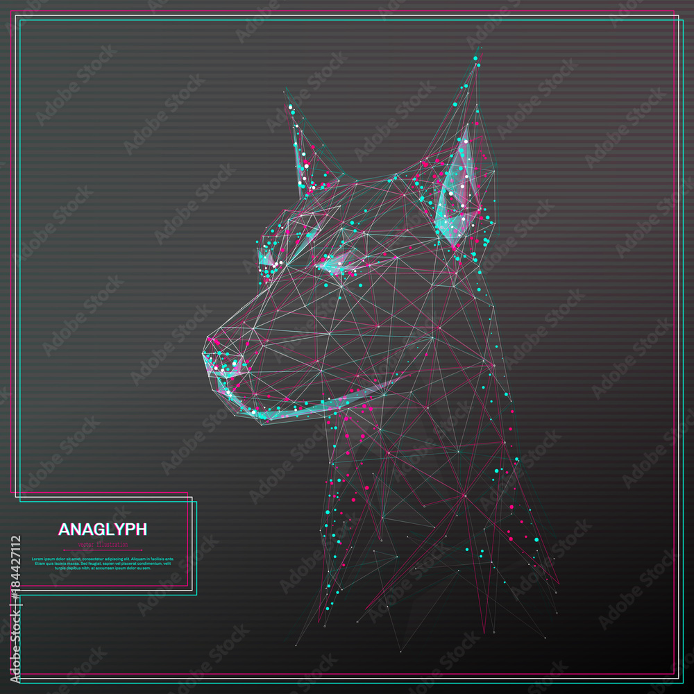 Aufkleber Vector distorted glitch concept. Tv distortion 3D effect stereoscopic, anaglyph head of the dog. Technological virtual green and red channels. Digital networking concept with anaglyph effect