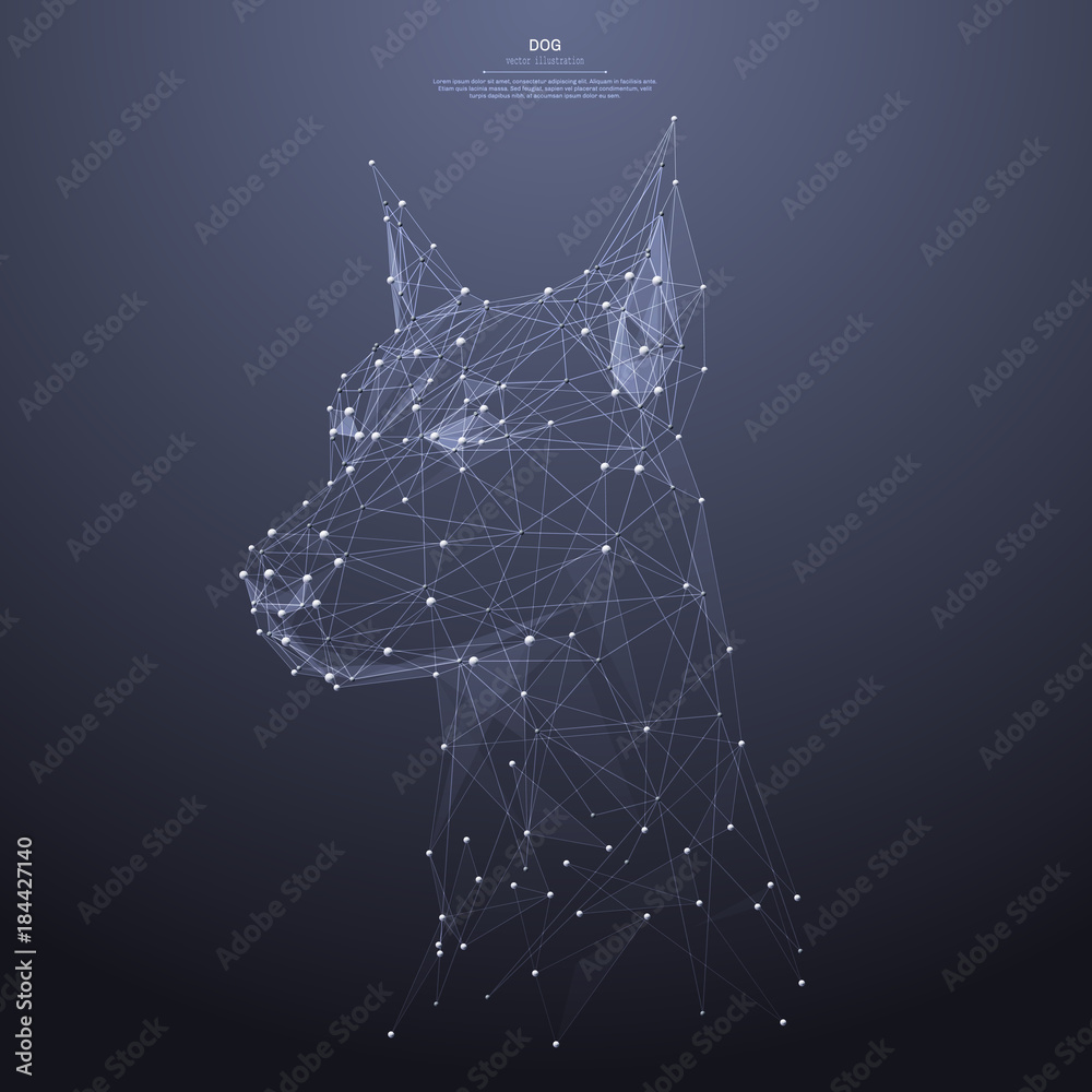 Aufkleber polygonal head of the dog low poly wireframe. animal concept. vector mesh spheres from flying debris