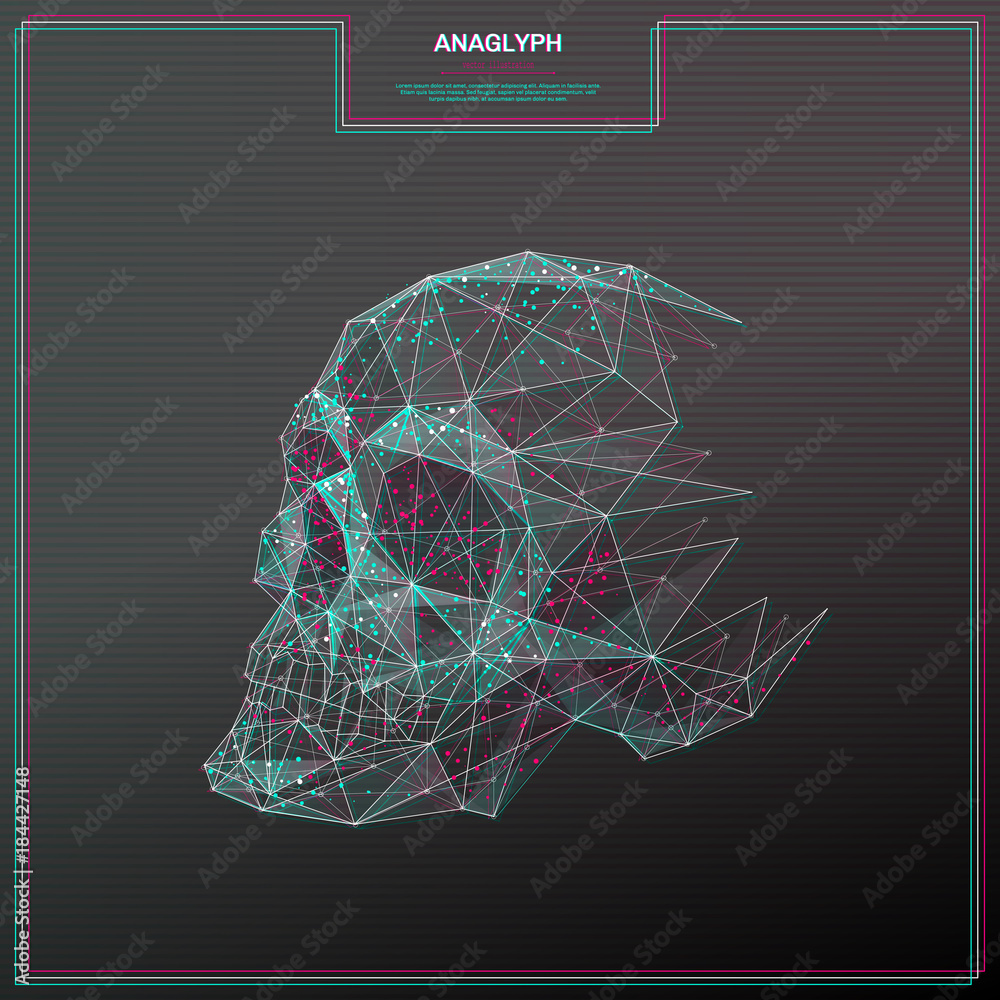 Aufkleber Vector distorted glitch concept. Tv distortion 3D effect stereoscopic, anaglyph Human skull. Technological virtual green and red channels. Digital networking concept with anaglyph effect. low poly