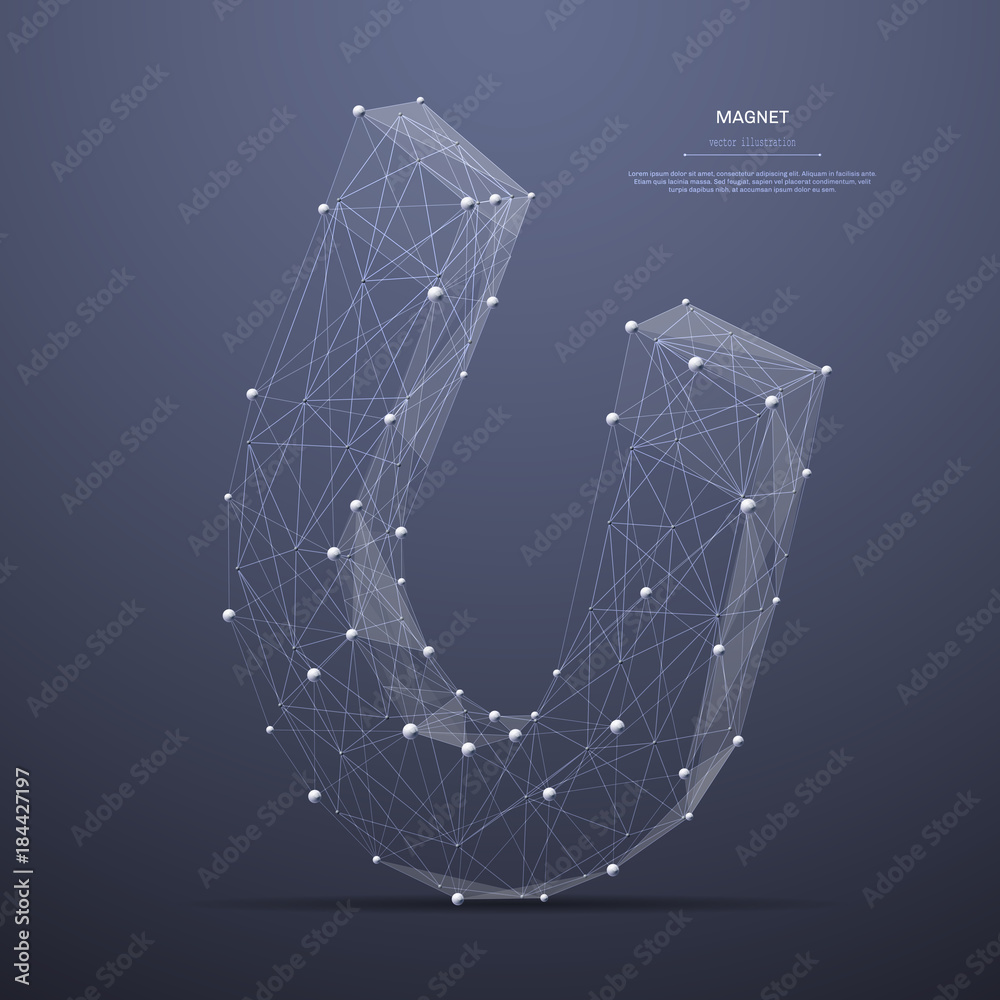 Aufkleber polygonal magnet low poly wireframe. business concept. vector mesh spheres from flying debris. thin 