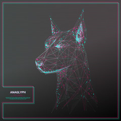 Vector distorted glitch concept. Tv distortion 3D effect stereoscopic, anaglyph head of the dog. Technological virtual green and red channels. Digital networking concept with anaglyph effect