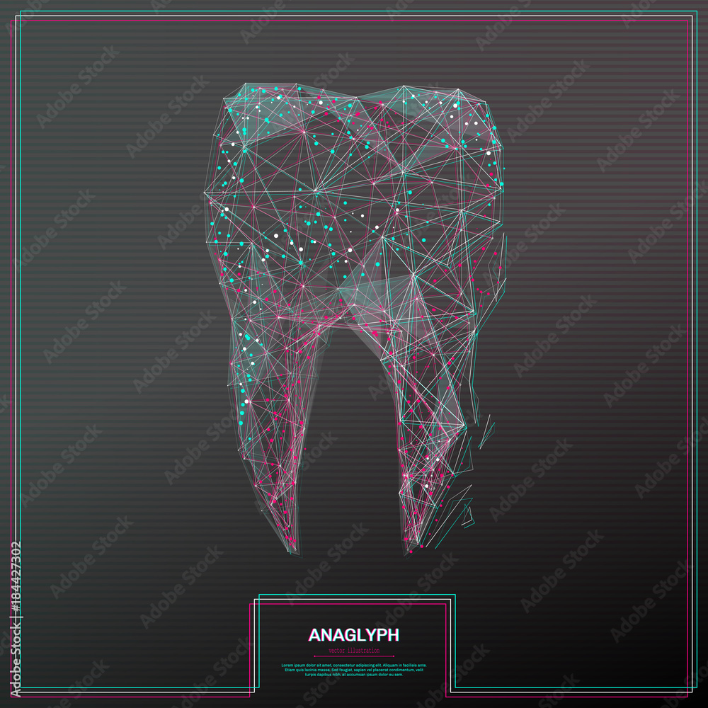 Leinwandbilder Vector distorted glitch concept. Tv distortion 3D effect stereoscopic, tooth low poly. Technological virtual green and red channels. Digital networking concept with anaglyph effect. 3d rendering