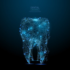 Abstract image of tooth low poly wireframe in the form of a starry sky or space, consisting of points, lines, and shapes in the form of planets, stars and the universe. Vector dental. RGB Color mode - obrazy, fototapety, plakaty
