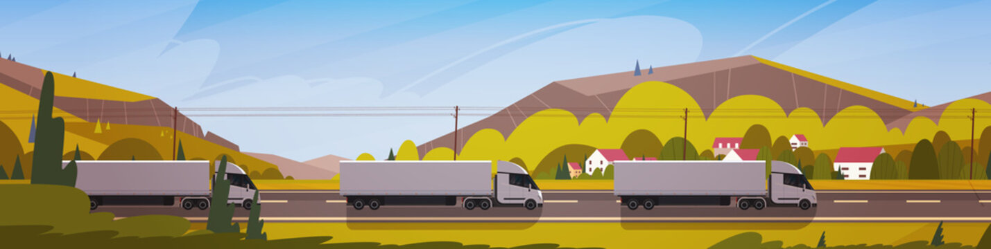 Horizontal Banner With LIne Of Cargo Truck Trailers Driving Road Over Mountains Landscape Vector Illustration