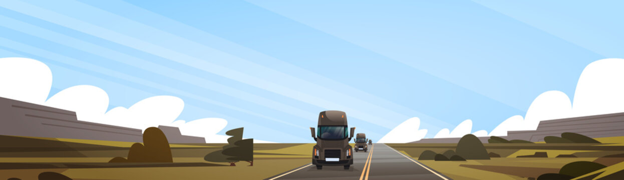 Big Semi Truck Trailer Driving On Coutryside Road Over Sunset Landscape Vector Illustration