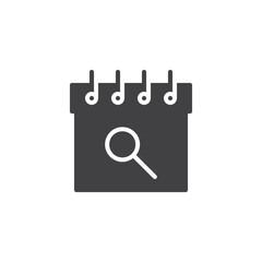 Calendar with magnifying glass icon vector, filled flat sign, solid pictogram isolated on white. Audit day symbol, logo illustration.