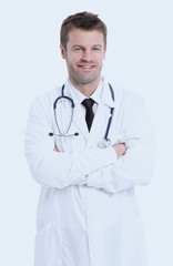 Portrait of confident medical doctor on white background