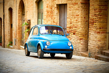 Vintage italian blue car on cobbled street, Italian style, Italian city, Italian Street, Road, Street, Urban Road, Wall - Building Feature