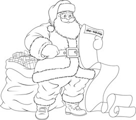 vector illustration, Santa Claus with a bag of presents for Christmas, coloring
