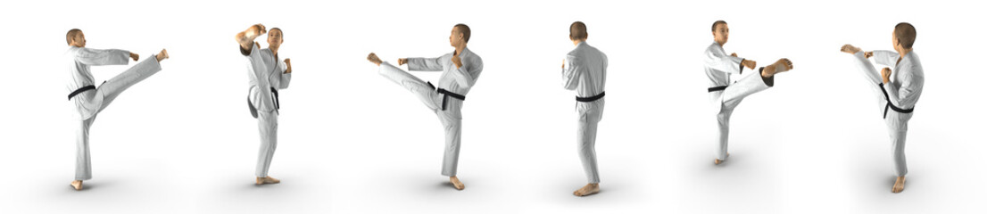 Man in white kimono and black belt on white. 3D illustration