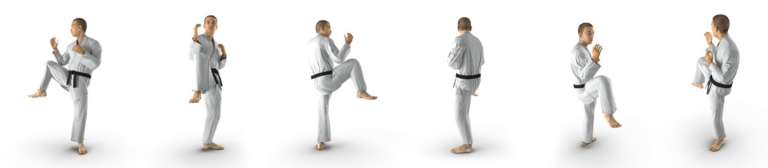 Man in white kimono and black belt on white. 3D illustration