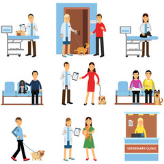 Veterinary clinic set, people visiting vet clinic with their pets, veterinary doctors examining dogs and cats cartoon vector Illustrations