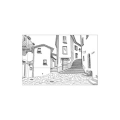Hand drawn vector illustration sketch of old european city town street stairs